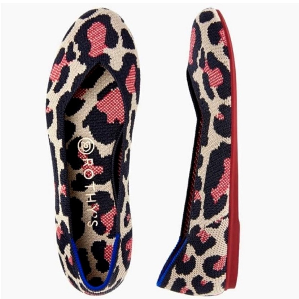 Rothy's The Flat in Red Cat Animal Spotted Print Ballet Knit Shoes Women Black - Picture 5 of 6